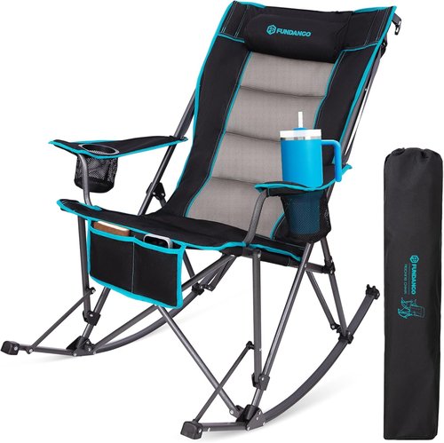 FUNDANGO Oversized Rocking Camping Chair - High Back Padded Folding Lawn Chair with Cup Holders & Carry Bag | Supports 440 lbs (Black)