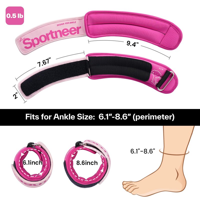 Sportneer Ankle Weights 0.5/1/2/3/5 LBS 1 Pair Wrist Leg Arm Weights for Women Men Kids Child with Adjustable Straps, Strength Weighted for Jogging Running Walking Fitness Gym Workout (Pink, 0.5 lbs x 2)