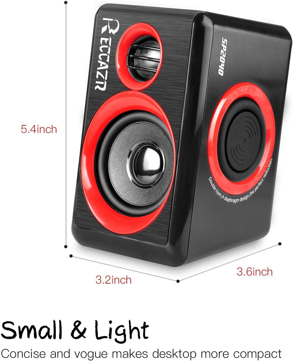 Reccazr SP2040 | 2.0 CH Computer Speakers with Surround Sound & Deep Bass - USB Wired, Red