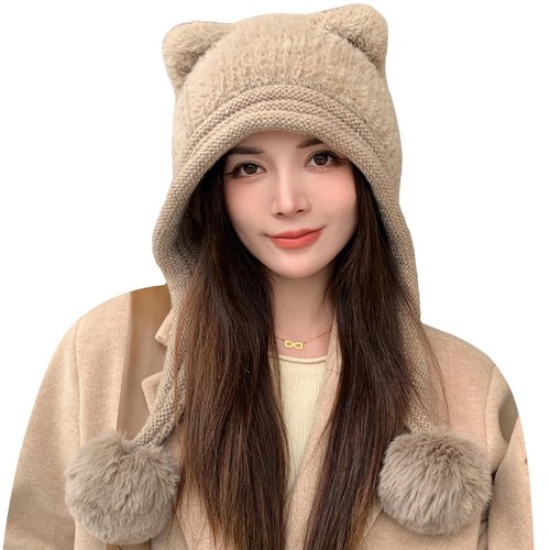 HUAMULAN Women Winter Sherpa Beanie Hats Knit Ear Flaps Peruvian Cover Ears Fleece Lined Ski Snow Hat Pompoms