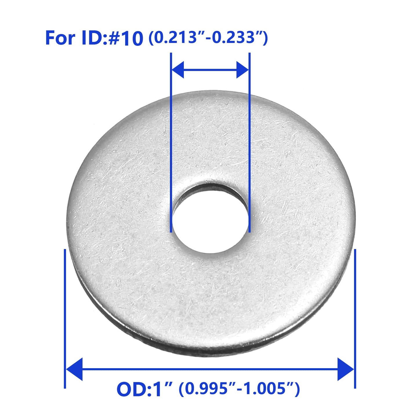 #10 x 1 OD Fender Washer,18-8 (304) Stainless Steel Flat Washer, 10 ID x 1" OD, 100Pcs