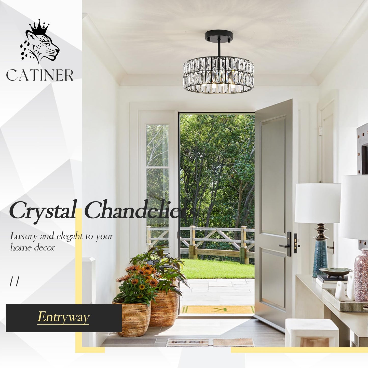 CATINER Crystal Pendant Light 4-Light Modern Black Chandelier Small 12” Crystal Semi Flush Mount Ceiling Light Round for Kitchen Island Foyer Hallway
