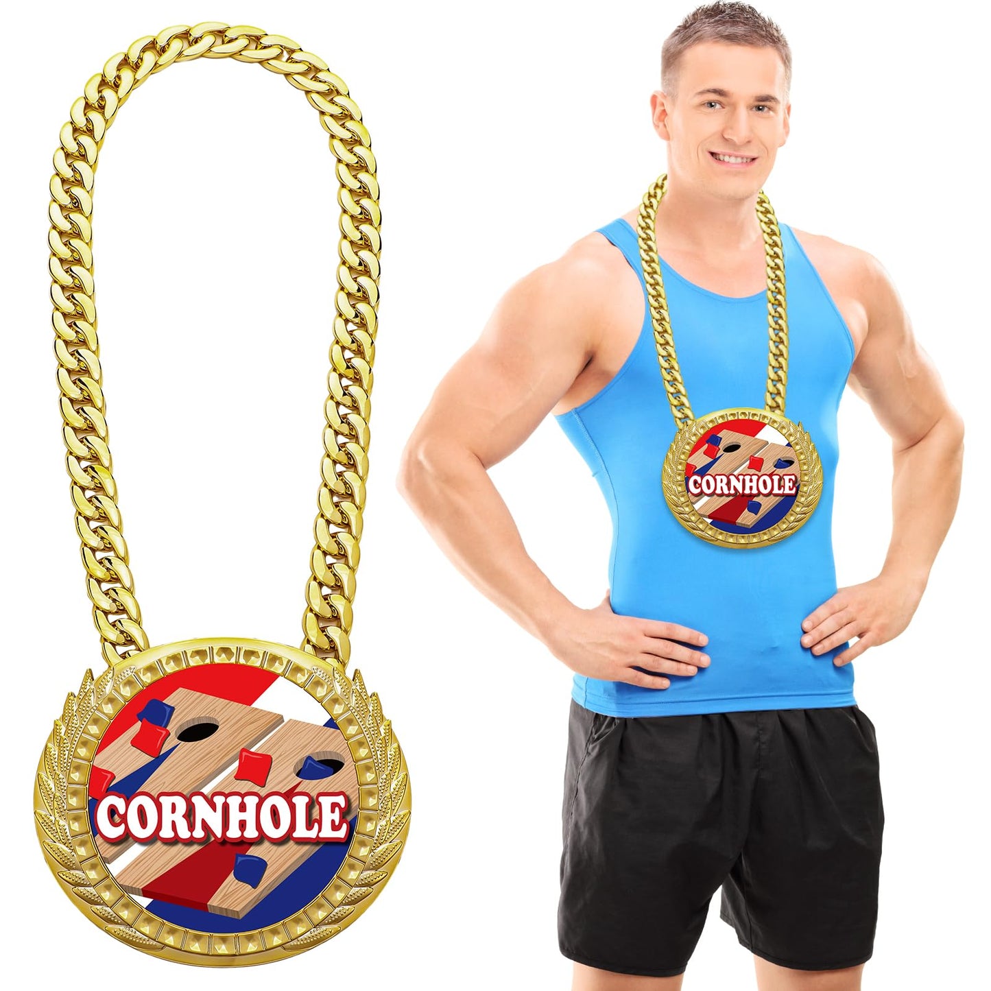 Tondiamo Sports MVP Turnover Chain Medal 6" Big Gold Champ Award Necklace Chain Baseball Basketball Football Soccer Softball Volleyball Competitions Prize Gifts Party Favors (Corn Hole)