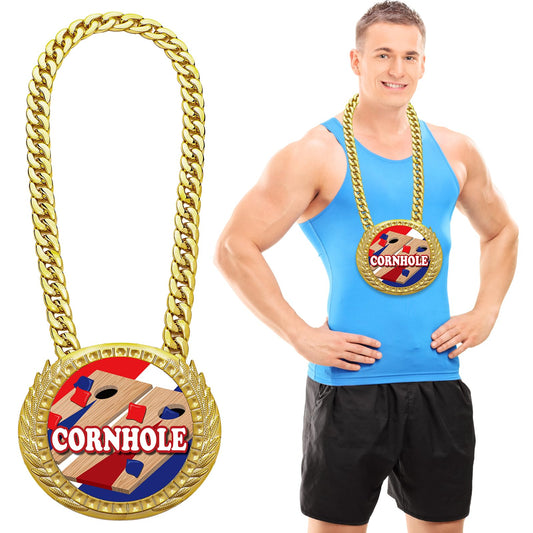 Tondiamo Sports MVP Turnover Chain Medal 6" Big Gold Champ Award Necklace Chain Baseball Basketball Football Soccer Softball Volleyball Competitions Prize Gifts Party Favors (Corn Hole)