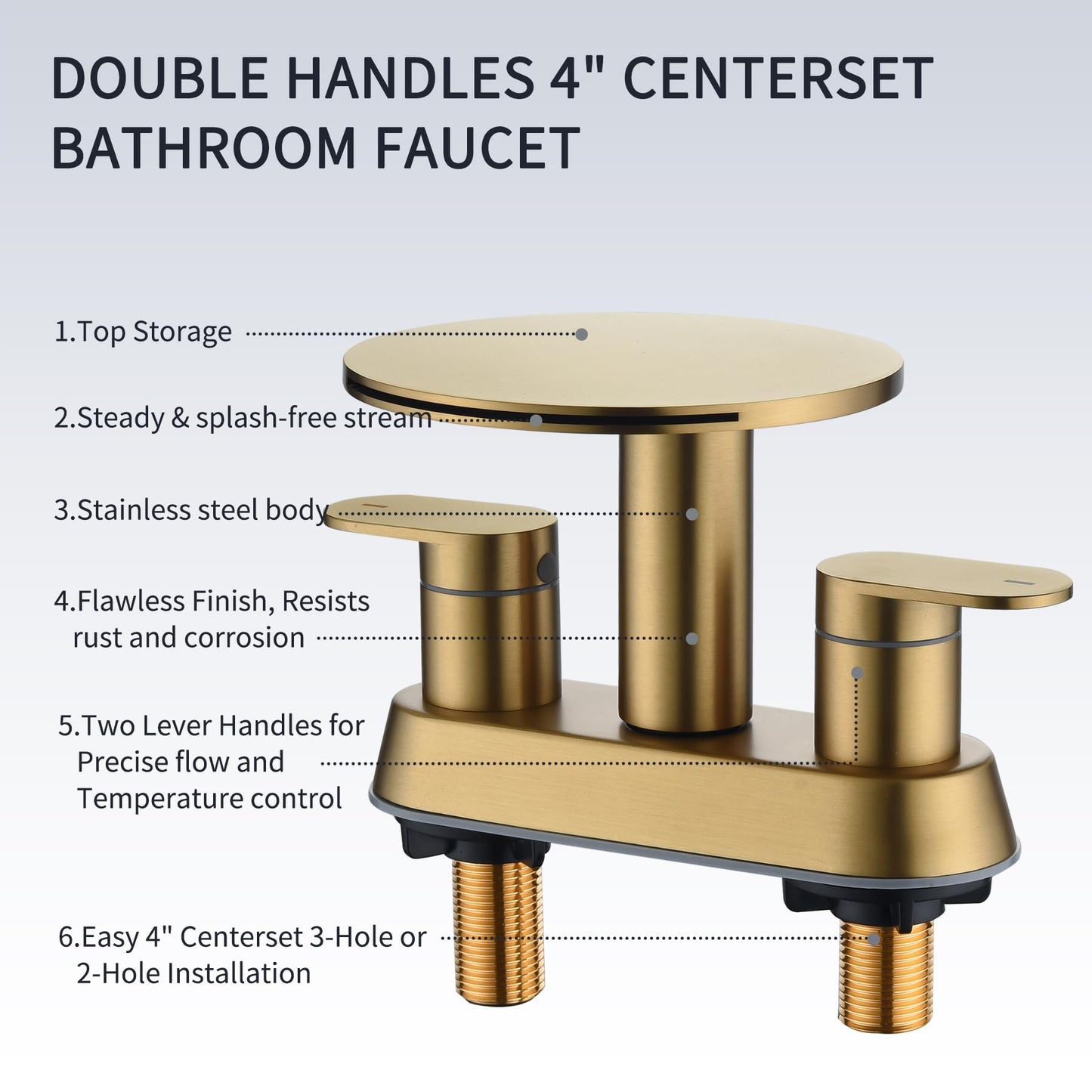 Brushed Gold Bathroom Sink Faucet 3 Hole，Waterfall Bathroom Faucet 4 Inch Centerset with Pop-Up Drain，2 Handle Stainless Steel Faucets for Bathroom Sink Vanity RV