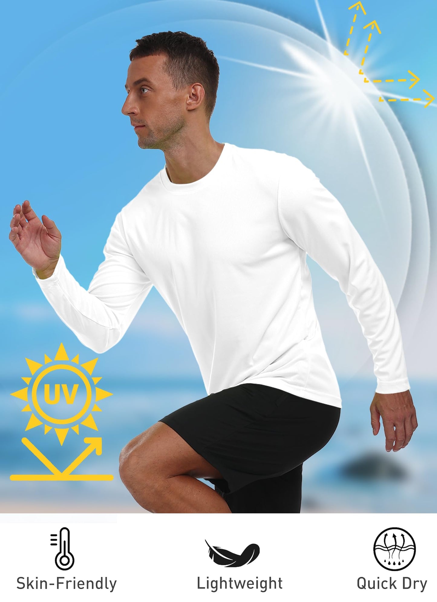 Sun Shirts for Men UPF 50+ SPF Rash Guard Long Sleeve UV Protection Lightweight Quick Dry Fishing Running HH24010 White L