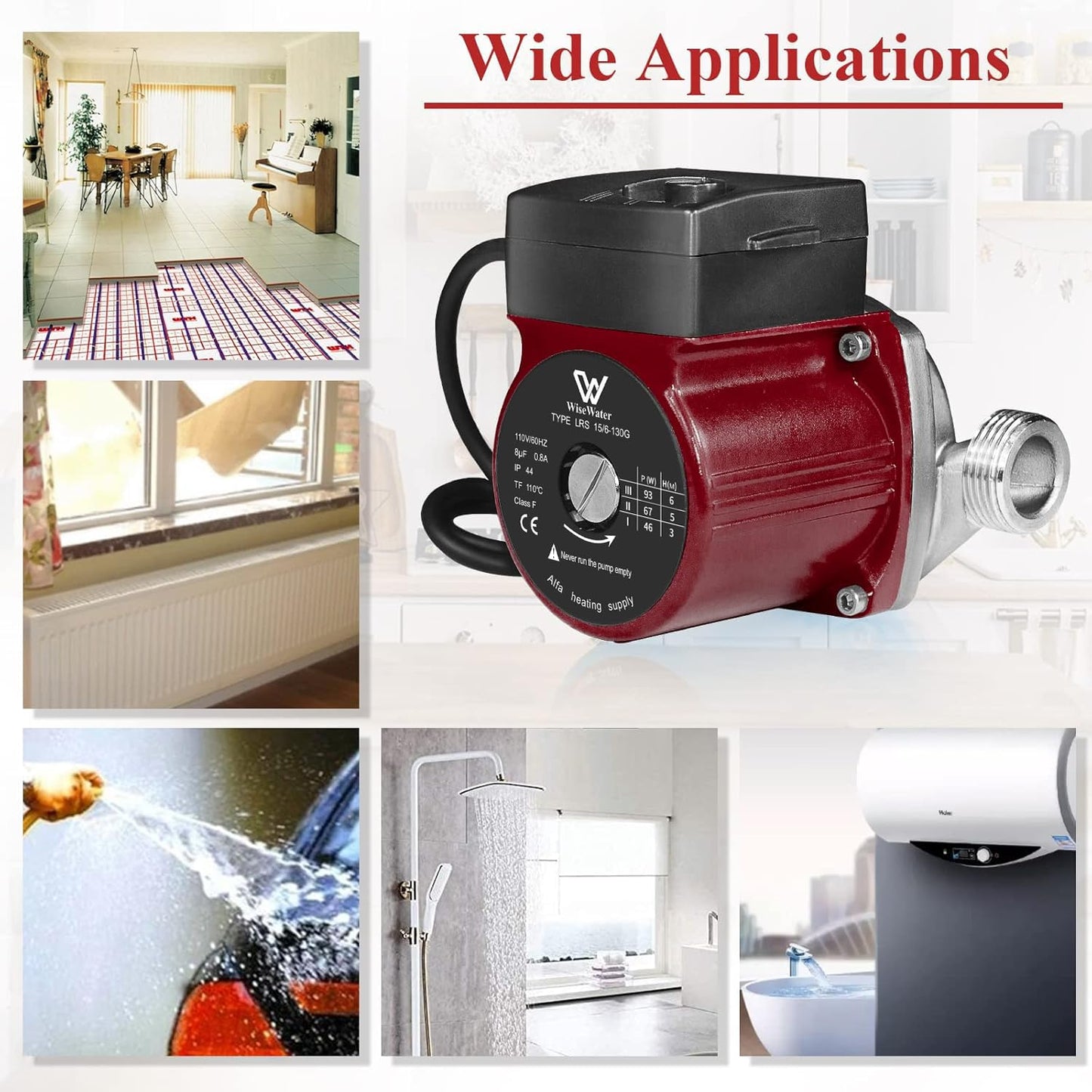 WiseWater 304 Stainless Steel Hot Water Recirculating Pump, 3-speed with 3/4'' NPT Adapters, 110 V Pressure Booster Pump for Floor Heating, Radiator Heating, Hot Water Supply (Red)