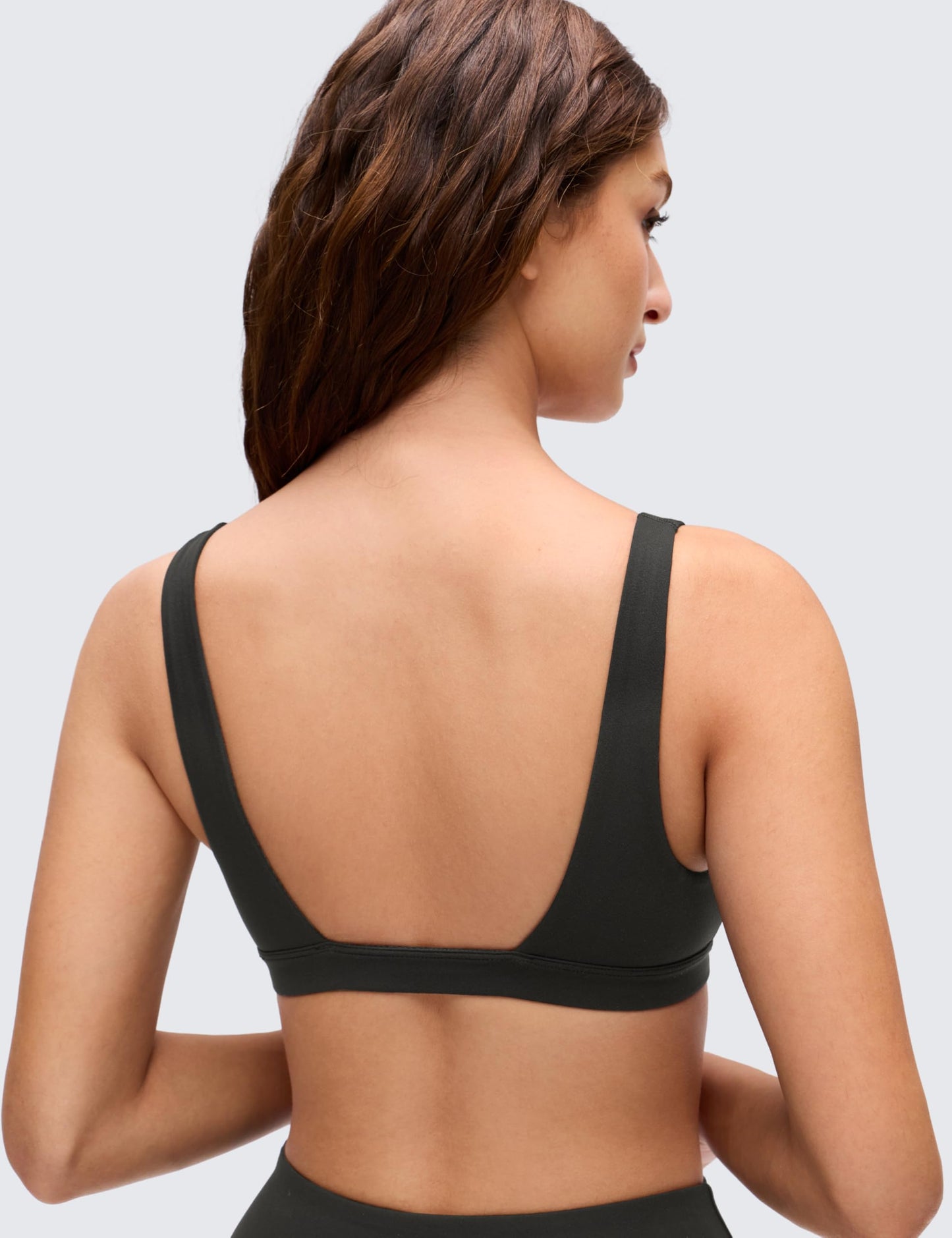 CRZ YOGA Butterluxe Soft Double Lined Deep V Neck Sports Bras for Women - Open Back Yoga Crop Top Casual Non Padded Black Medium