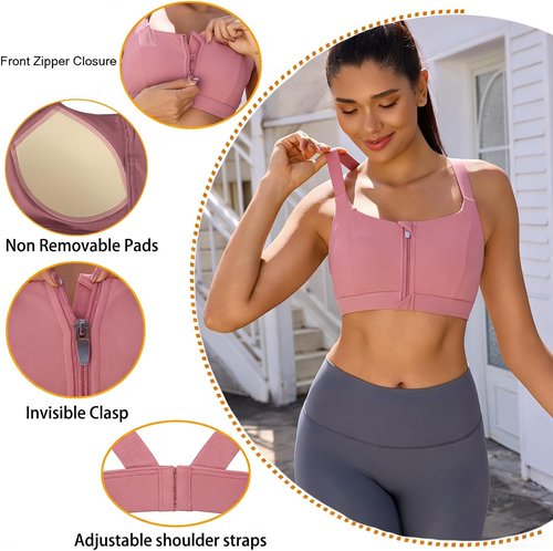 FLORATA Women's Sports Bra - Seamless Zip Front Design | Wire-Free & Padded Yoga Bra with Removable Cups