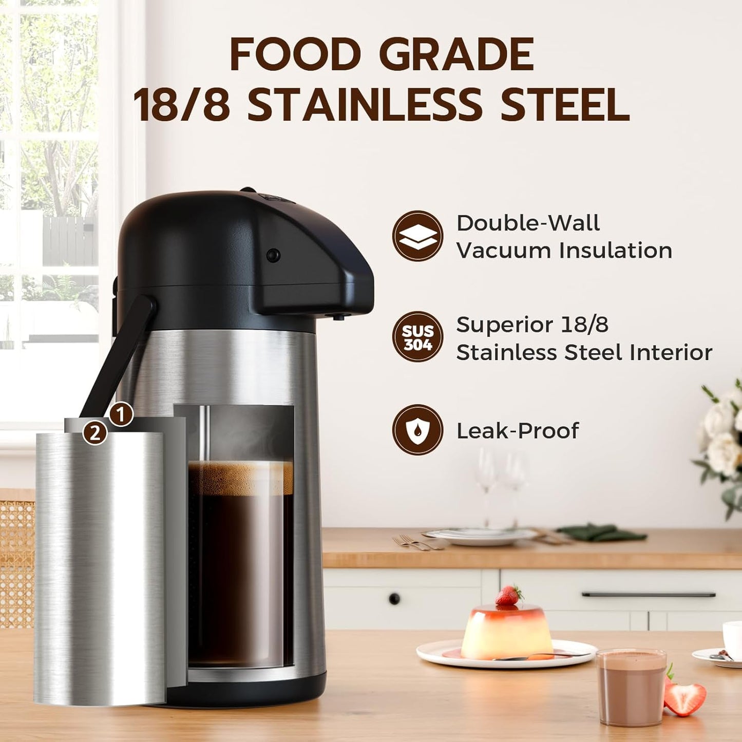 102OZ Insulated Coffee Carafe - Stainless Steel Airpot Dispenser for Hot Drinks
