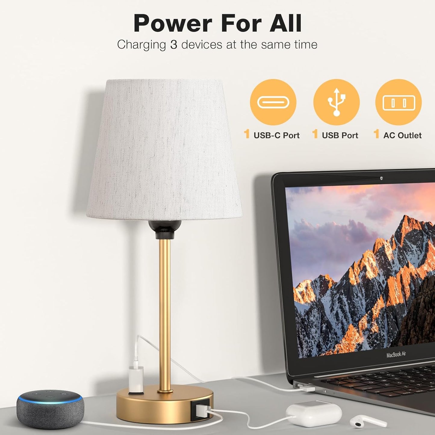 Set of 2 Mini Bedside Lamps with USB-C & AC Outlet - Dimmable Touch Nightstand Lights for Bedrooms