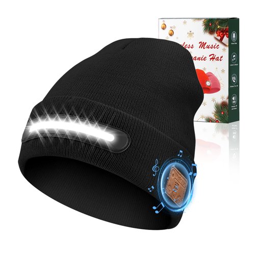 Valentines Day Gifts for Him,Bluetooth Beanie hat with Light,Skin Friendly, Warm Knit hat,Built in Speaker Microphone,Birthday Gifts for Men Him Black