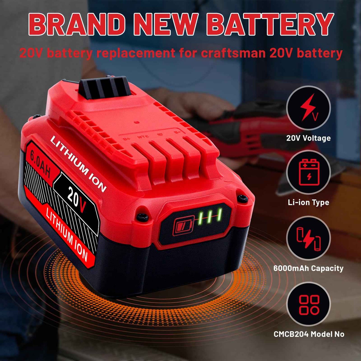 Ultraxxis Upgrade 2-Pack 6.0Ah Batteries Replacement for Craftsman 20V Battery Compatible with Craftsman CMCB205 CMCB204 CMCB206 CMCB202 CMCB201 20V Cordless Power Tools