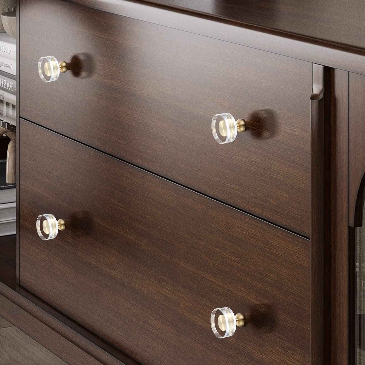 Guank 6-Pack 1-1/4-Inch White Cabinet Glass Crystal Brass knobs Brass Drawer Round Knobs Dresser Pulls, Gold Hardware Kitchen Closet knobs for Bifold Doors