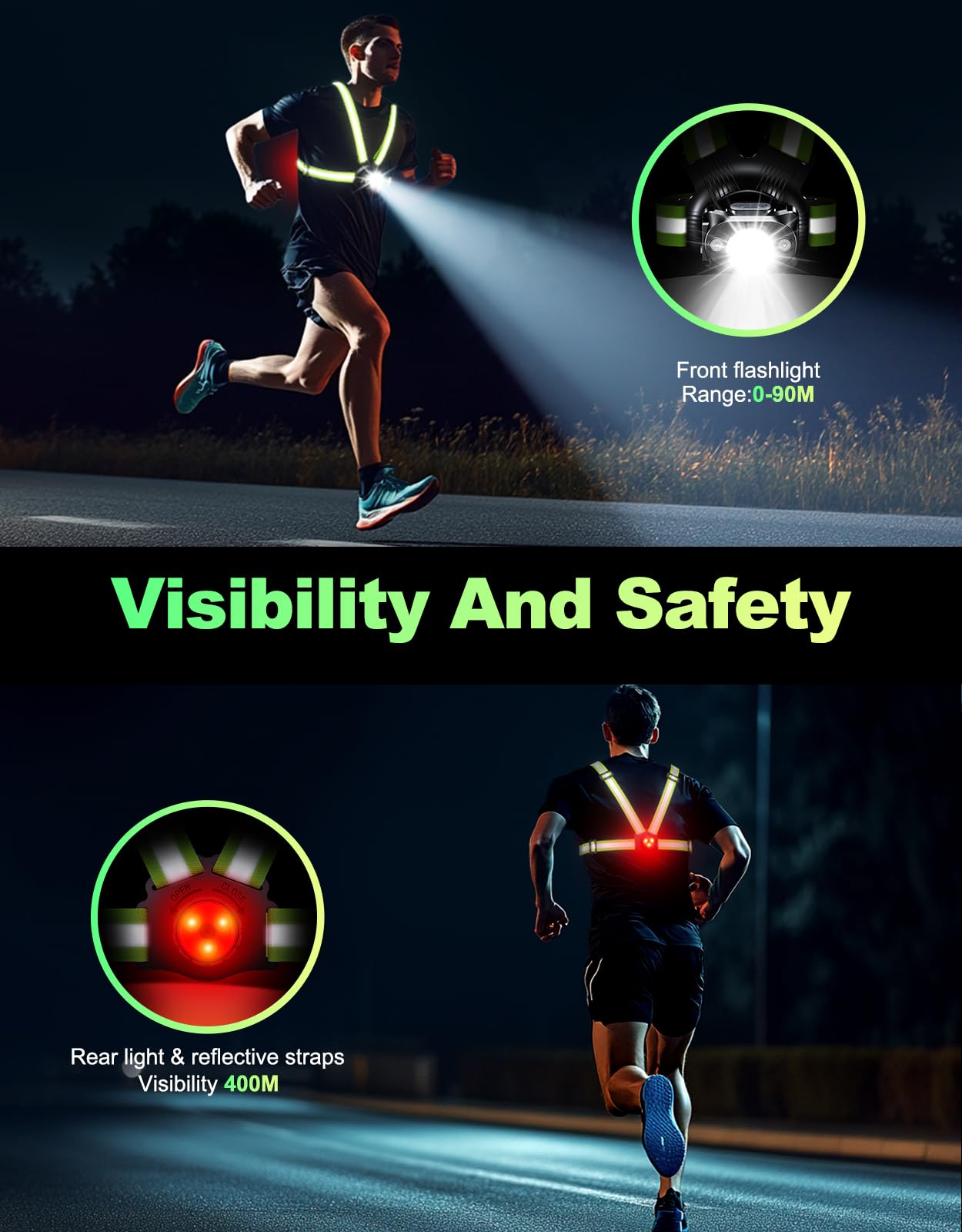 ISEYOU Running Lights for Runners, 500 Lumens Running Light with Rear Light, 45° Adjustable Tilt & IPX4 Waterproof Rechargeable Reflective Vest Gear for Night Walking/Cycling/Jogging/Hiking