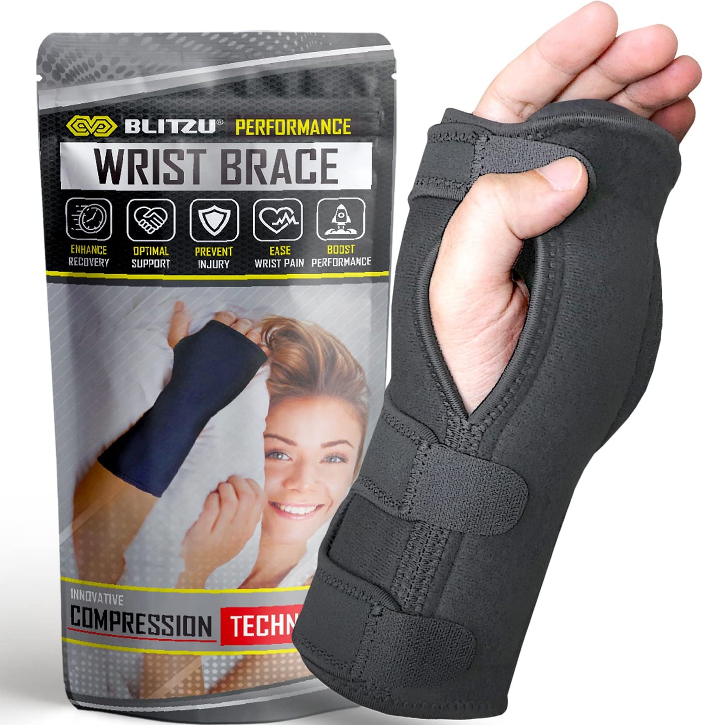 Carpal Tunnel Wrist Brace Night Support with Splint Stabilizer & Palm Cushion, Adjustable and Fits Both Hands, Helps Relieve Tendinitis Arthritis Pain when Sleep, Reduces Recovery Time for Men Women