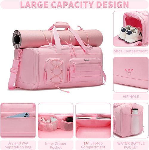 Bosstin Gym Bag - 45L Travel Duffle for Men & Women | Sports Backpack with Shoe Compartment - Pink