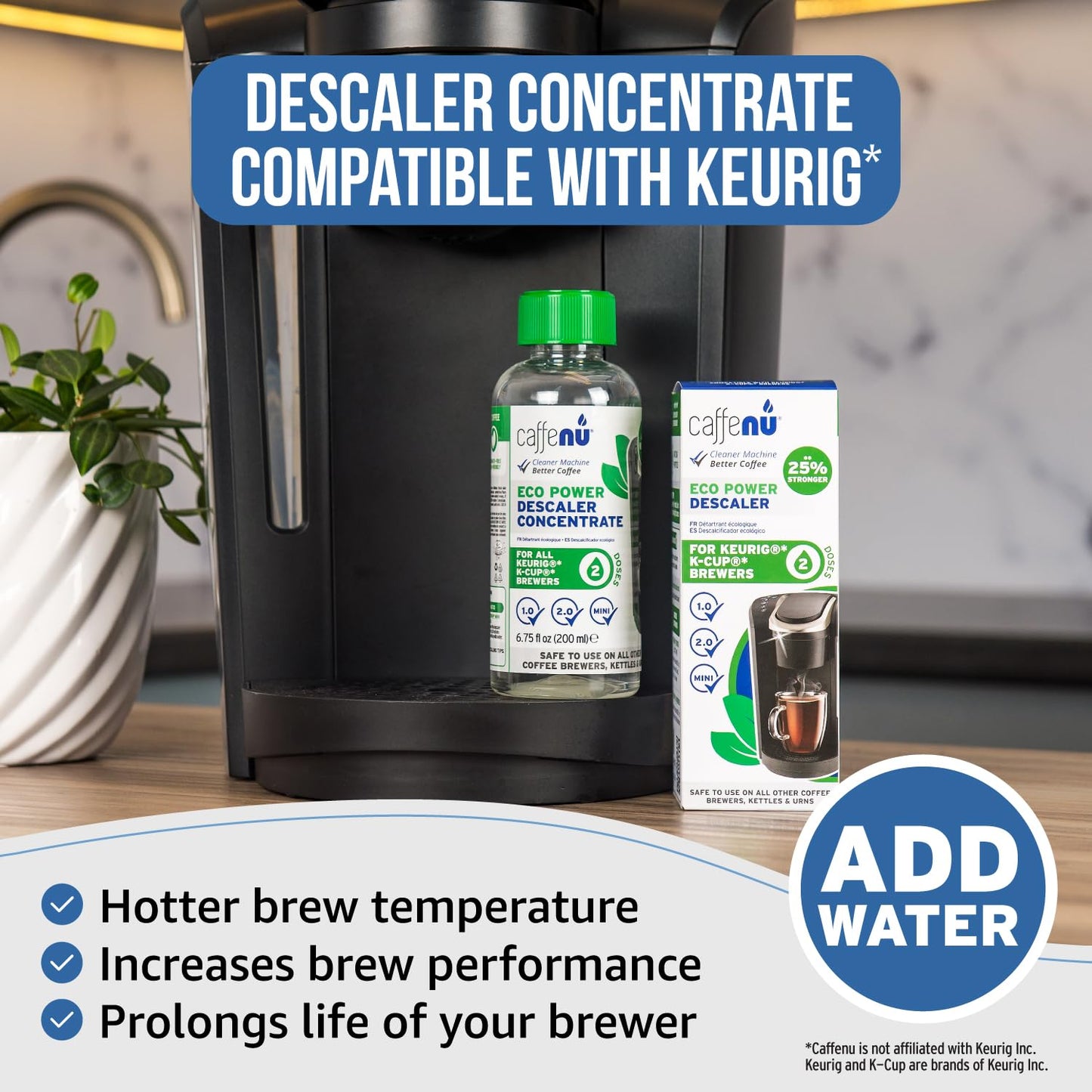 Keurig Compatible Descaling Solution. 1 Bottle of Descaler Solution. Descaling Kit Removes Limescale For Hotter Coffee. 2 Uses Descaler For Keurig Coffee Makers.