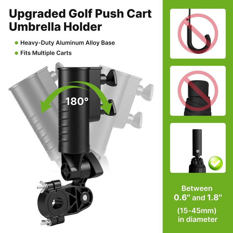 T TGBROS Golf Push Cart Umbrella Holder 180°Adjustable, Universal Fit with Heavy-Duty Clamp Windproof Umbrella Mount for Mobility Scooter, Stroller, Wheelchair, Beach Chair Easy Install & Strong Grip