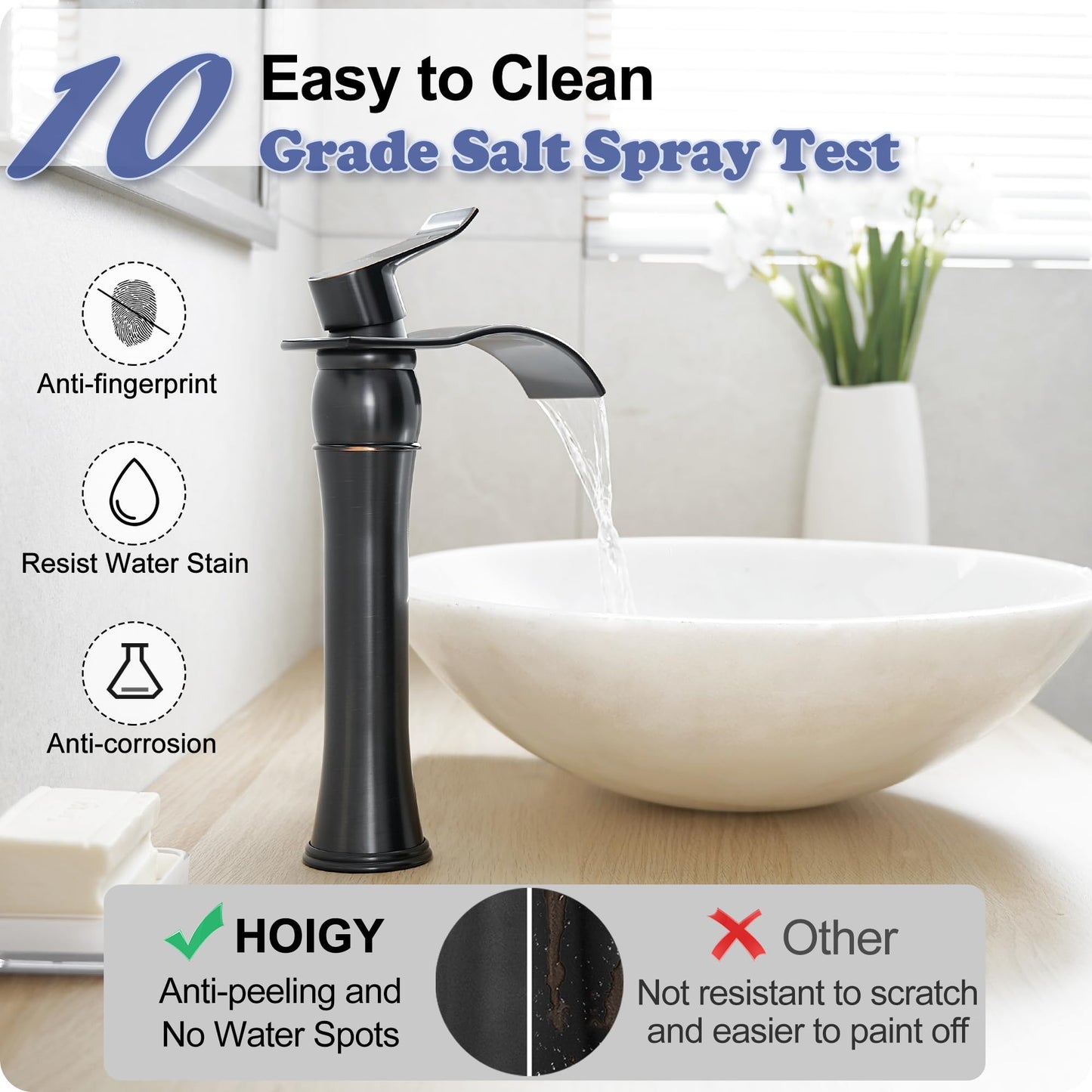 HOIGY Vessel Sink Faucet Oil Rubbed Bronze, Brass Tall Bathroom Faucet Waterfall 1 Hole, Bathroom Faucets Single Handle Bathroom Sink Faucet Bronze with Pop-Up Drain & Water Hoses for Farmhouse
