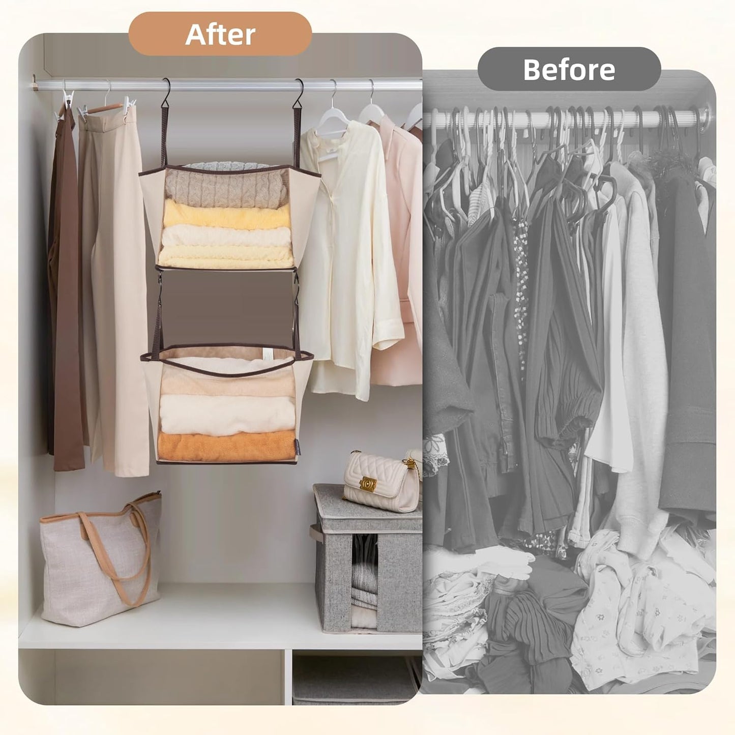 Storage Maniac 2-Shelf Hanging Closet Organizer - Canvas Shelf with Hooks for Dorm & Bedroom - Beige
