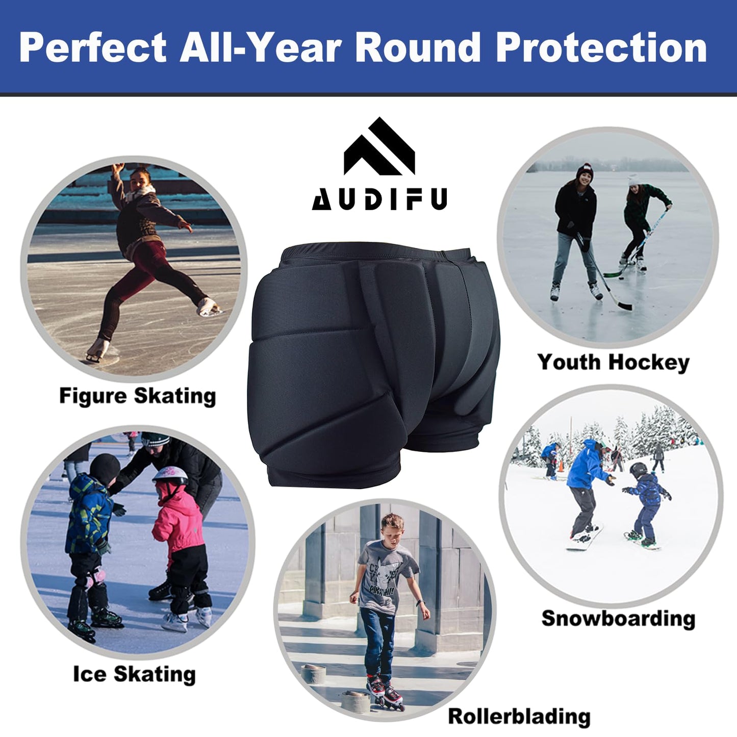 AUDIFU Kids Butt Pad Shorts for Skating Snowboarding Ski, Hip Protective Padded Shorts for Youth Child (Small)