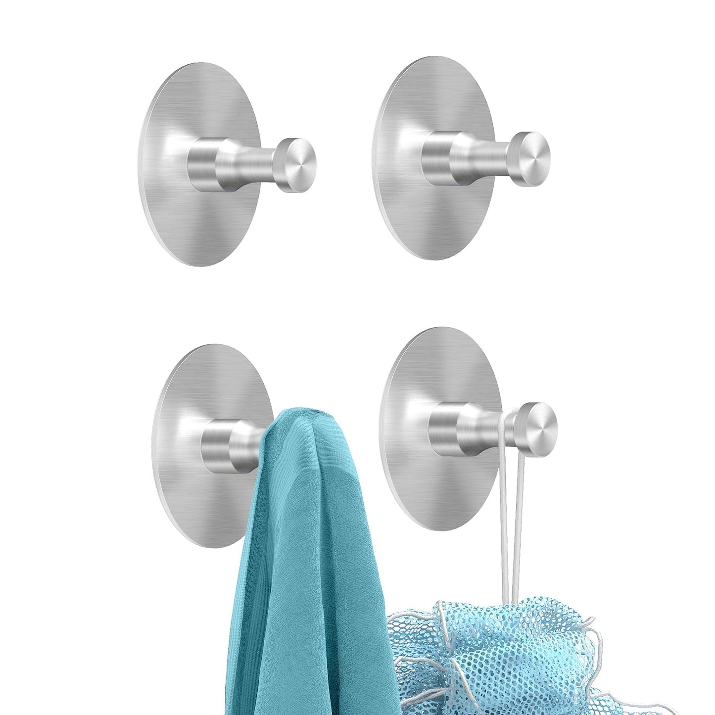 STWWO Adhesive Hooks for Walls No Damage 4 PCS, Heavy Duty Aluminum Strong Adhesive Towel Hooks for Bathrooms for Inside Shower for Hanging Loofah, Clothes, Robes