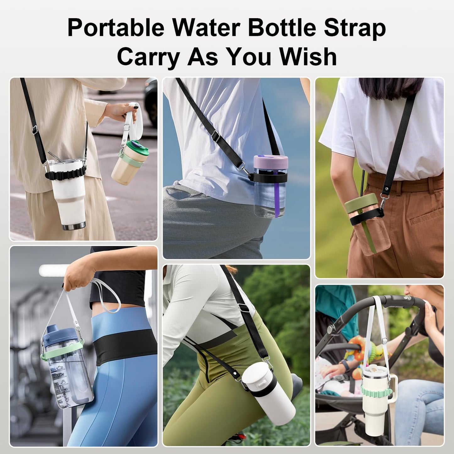 2 Pieces [Black+Green] Silicone Water Bottle Straps, 28.5" Internal Adjustable Water Bottle Holder Straps, Strong and Durable Thick Silicone Material for Stanley 40/30 Ounce Water Bottle Sling