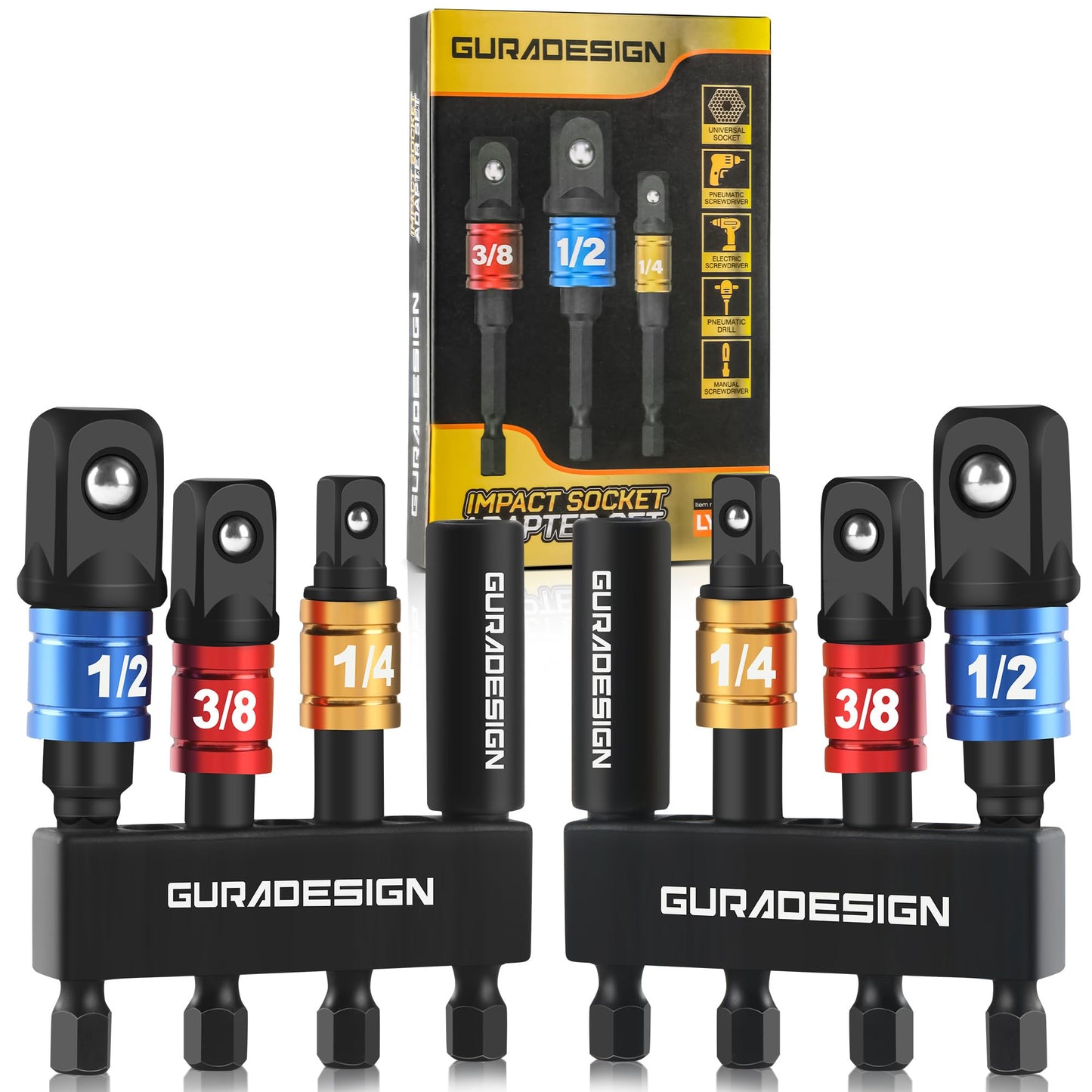 GURADESIGN 8-Piece Impact Socket Adapter Set for Drill, 1/4" 3/8" 1/2" Hex Shank Impact Driver Socket Adapter, Socket to Drill Adapter