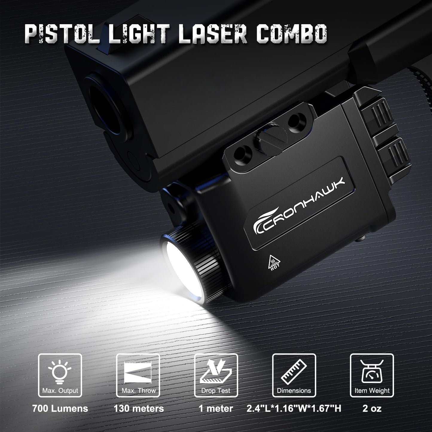 CRONHAWK Pistol Light Green Laser Combo Rechargeable, 700 Lumen Green Beam Flashlight for Picatinny 1913 Rail Mounted Light with Strobe, USB-C Charging