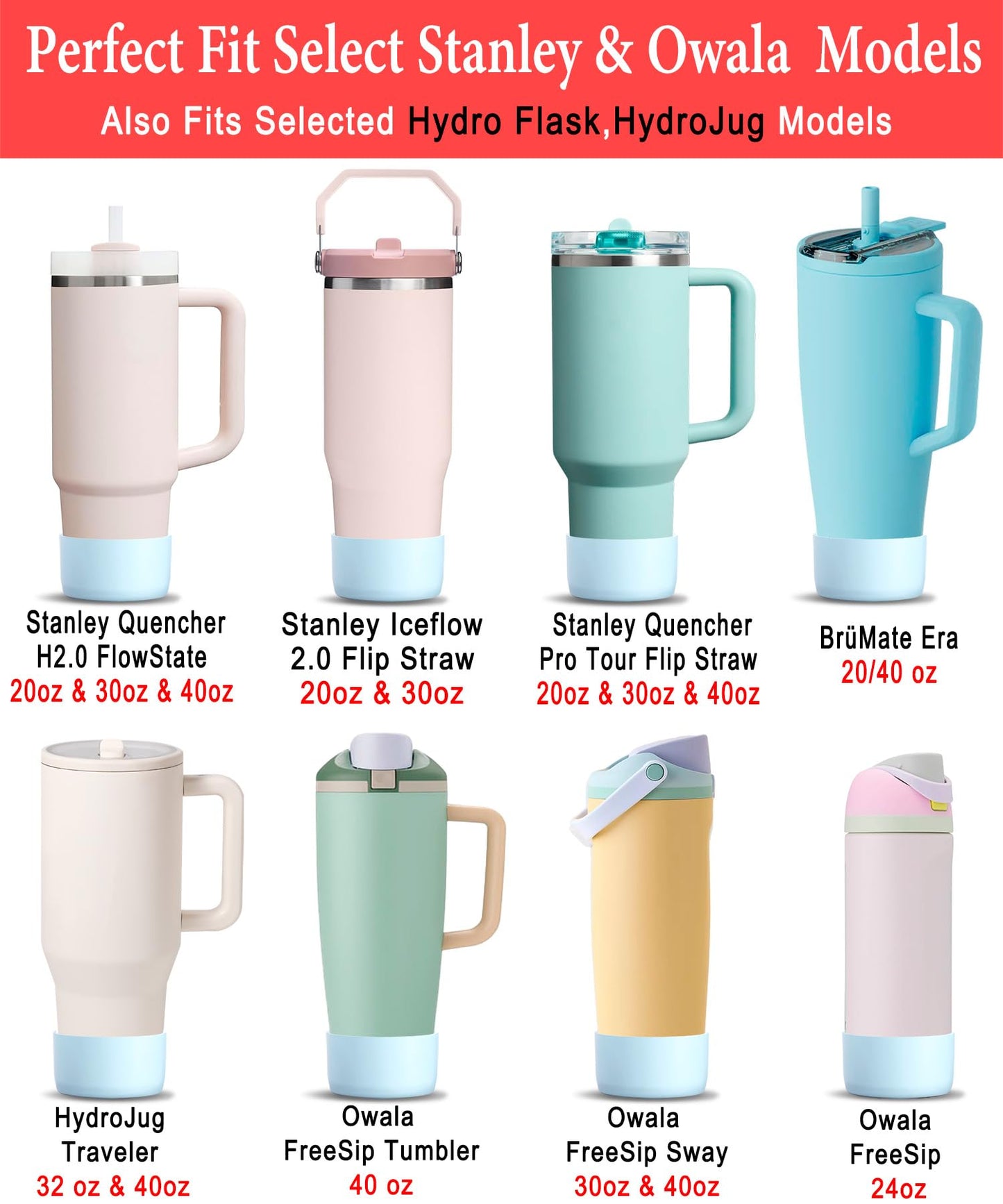 KTKUDY 2Pcs Silicone Boot for Stanley Quencher Tumbler 30 oz 40 oz & IceFlow 20 oz 30 oz & Fit Owala Freesip Water Bottle & Fit Hydro Flask & More - Cup Bottom Accessories Fit Stanley Cup, Light blue
