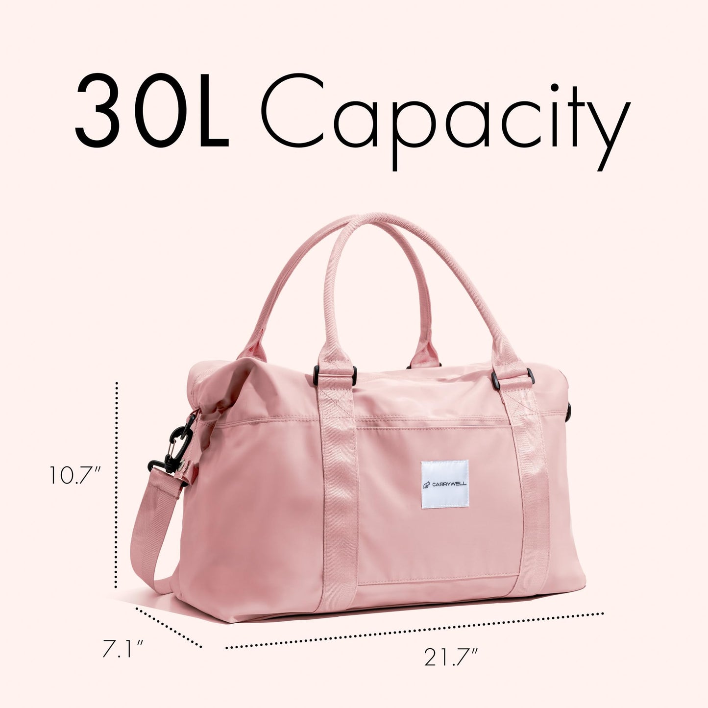 (Not Made In China) Travel Duffel Bag For Women, Carry On Bags, Overnight Weekender Duffle, Airplane Approved Underseat Tote With Shoulder Strap, Luggage Trolley Sleeve, Pink, 22in, 30L