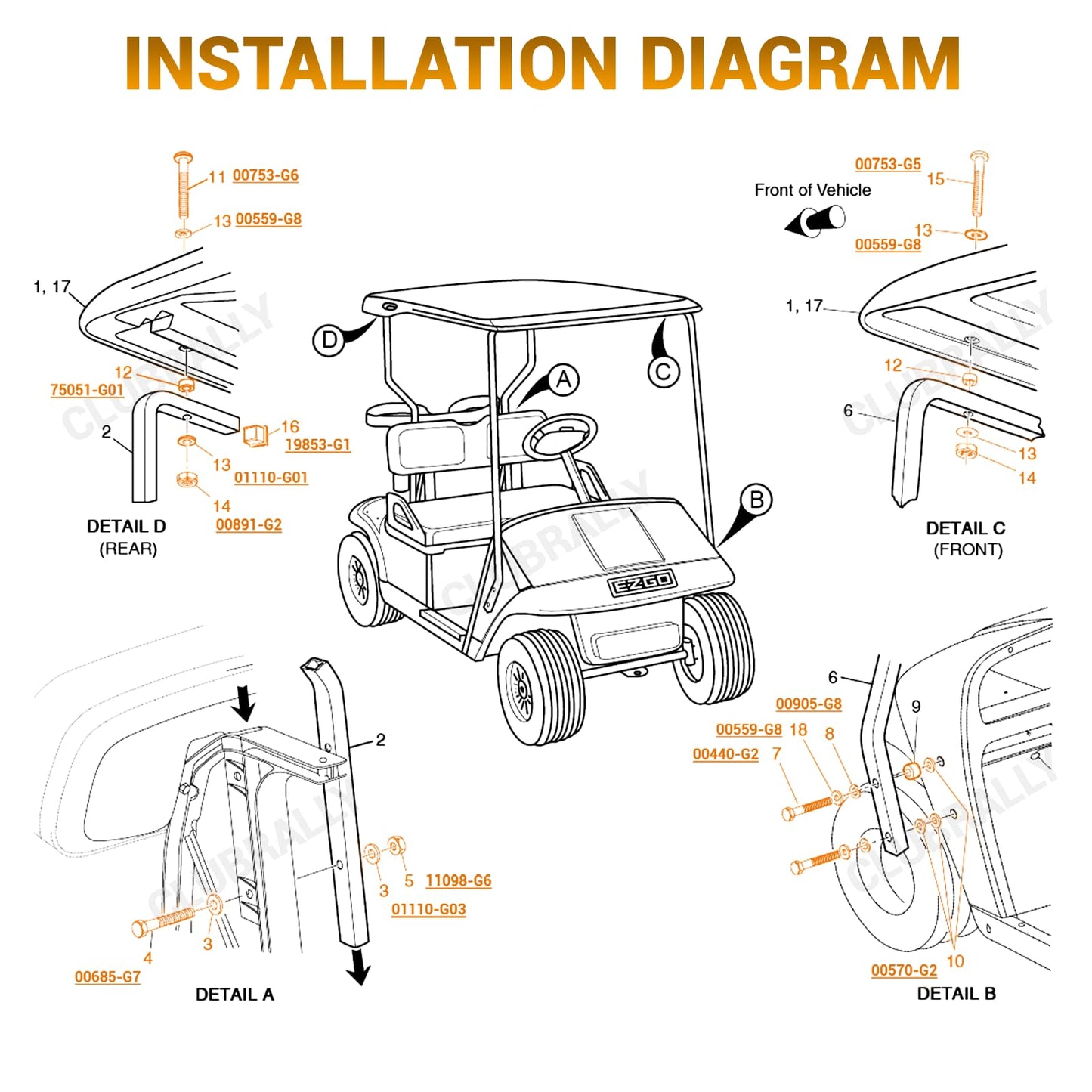 CLUBRALLY Golf Cart Suntop Hardware Kit, Front Top Strut Stainless Steel Screw Bushings Repair Kit for 1994-2013 EZGO DCS/PDS/TXT/Medalist 2-Seater Model, OEM#75465-G01