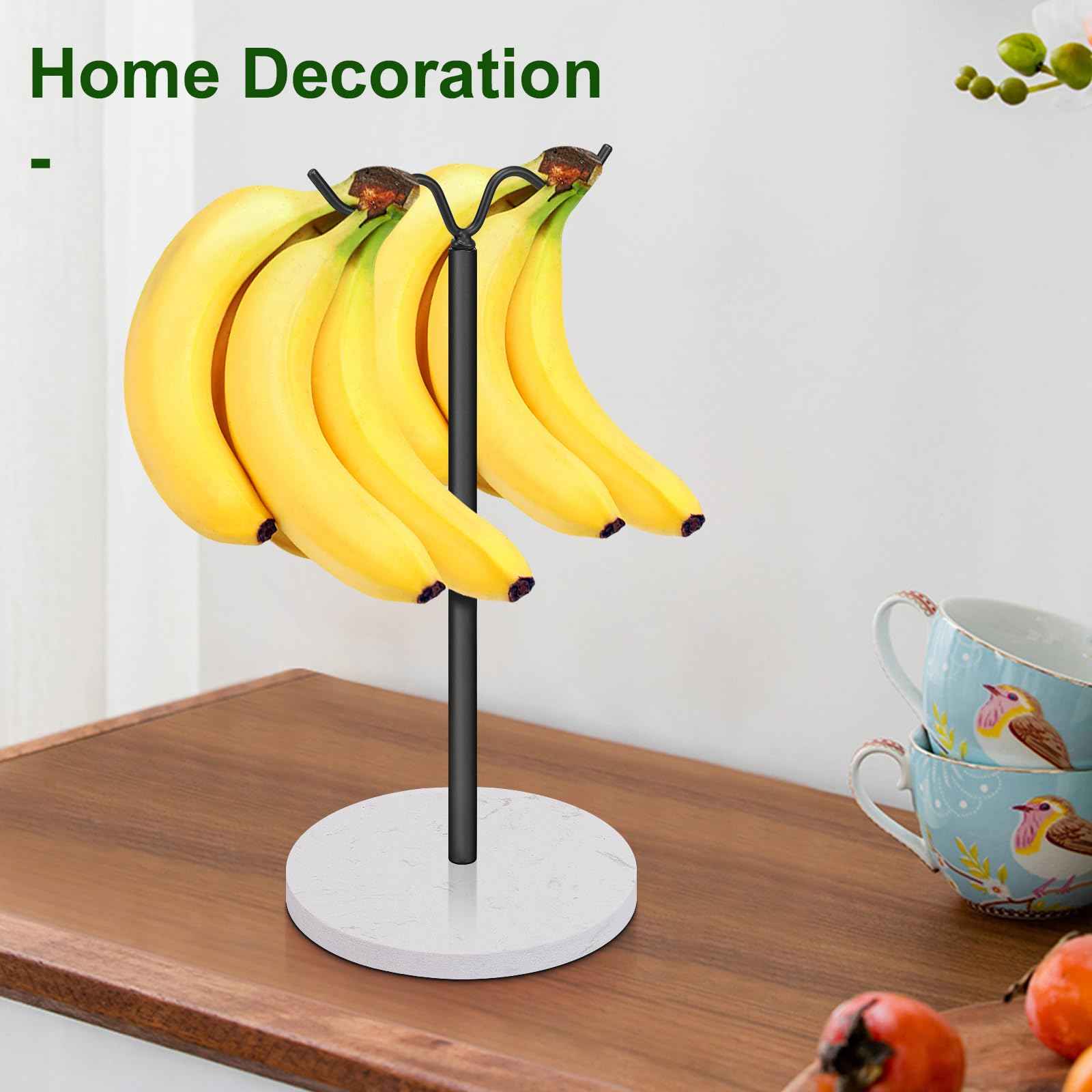 Winmien Double Hooks Standing Banana Holder, Banana Hanger Tree Stand Hook for Kitchen Countertop, Sturdy and Balanced Fruit Shelves with Storage on Both Sides.(Black)