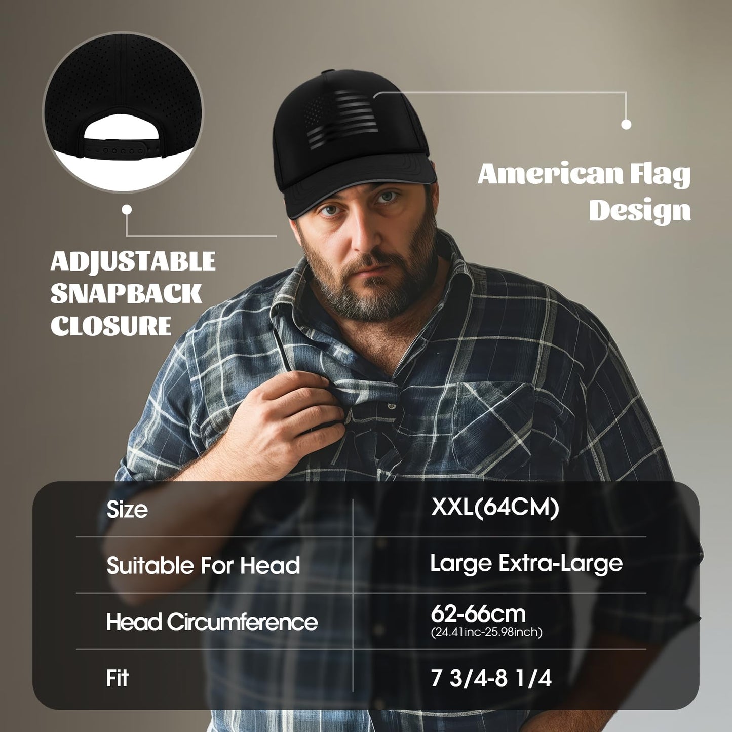 Oversize XL XXL XXXL American Flag Trucker Hat, 250th Anniversary Snapback Hats, Large USA Baseball Cap for Men Big Heads, Breathable Mesh Side, Adjustable Fit, Black/Black Flag