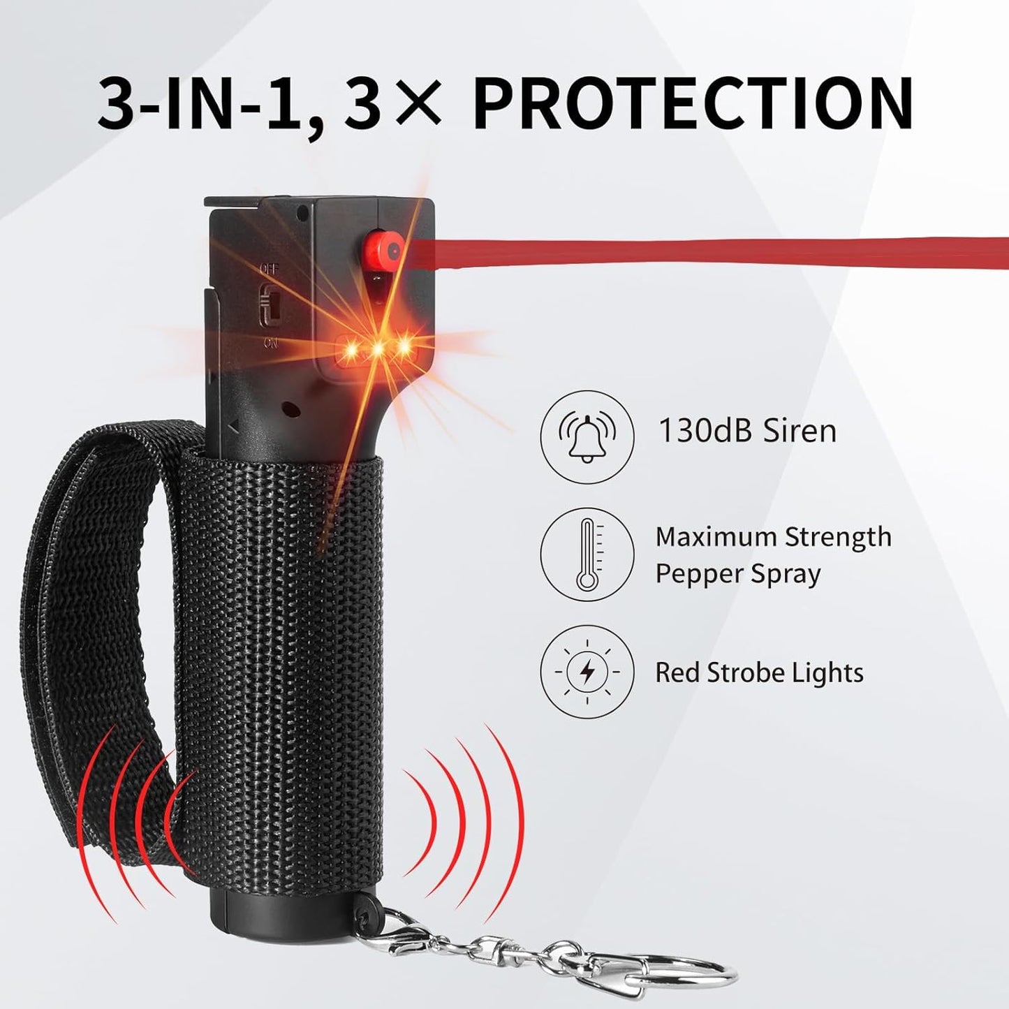 Skiennix 3-in-1 Pepper Spray Set - Max Strength Pepper Gel, Strobe Light & 130 dB Siren for Women
