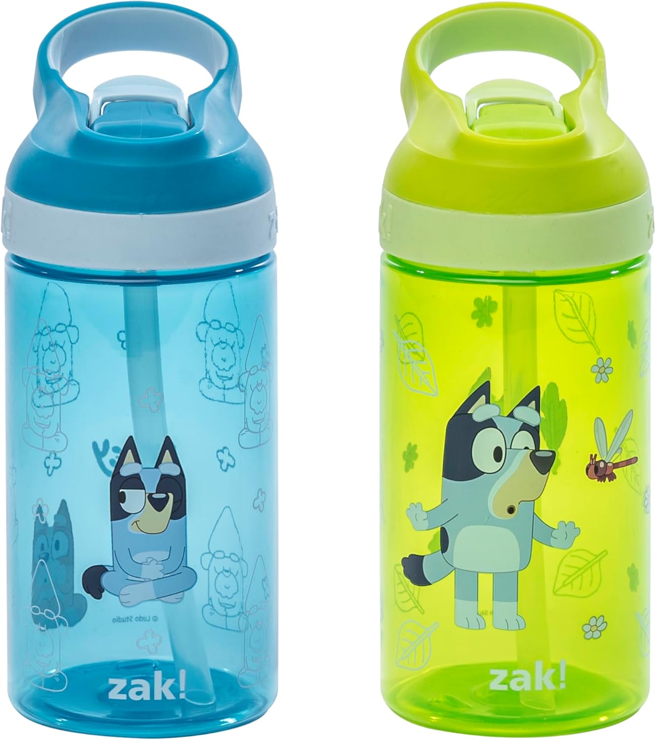 Zak Designs Bluey Kids Water Bottle - Durable 16oz Plastic with Straw & Leak-Proof Design | 2-Pack (Bluey, Bingo)