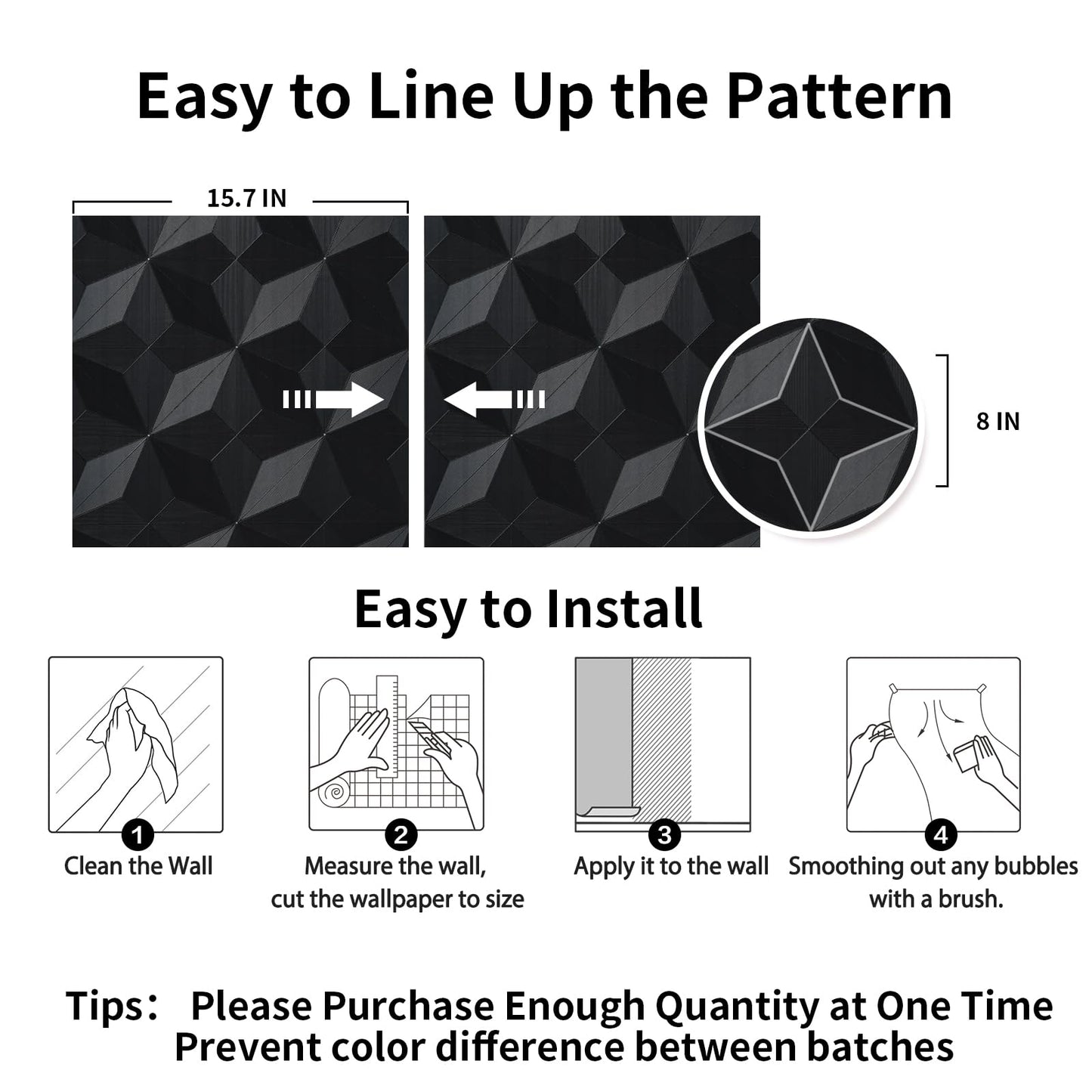 Cismmy 3D Peel and Stick Wallpaper Black Contact Paper 15.7'' X 118'' Wall Paper Renter Friendly Wallpaper SOR Cabinets and Drawers Removable Vinyl Wrap Modern Geometric Wallpaper Self Adhesive