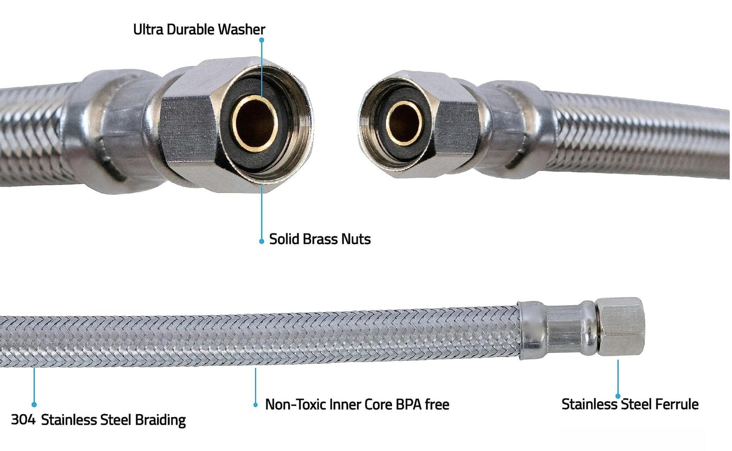 Refrigerator Ice Maker Hose, Universal Flexible Premium Braided Stainless Steel Water Line Connector, 1/4 Inch Compression, Silver (6 Feet)