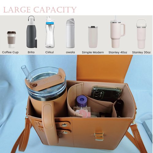 YFYIC Outdoor Portable Crossbody Water Cup Storage Bag, Leather Water Bottle Holder with Adjustable Shoulder Strap, Black Water Bottle Carrier Bag with Storage Pocket for Women (Black)