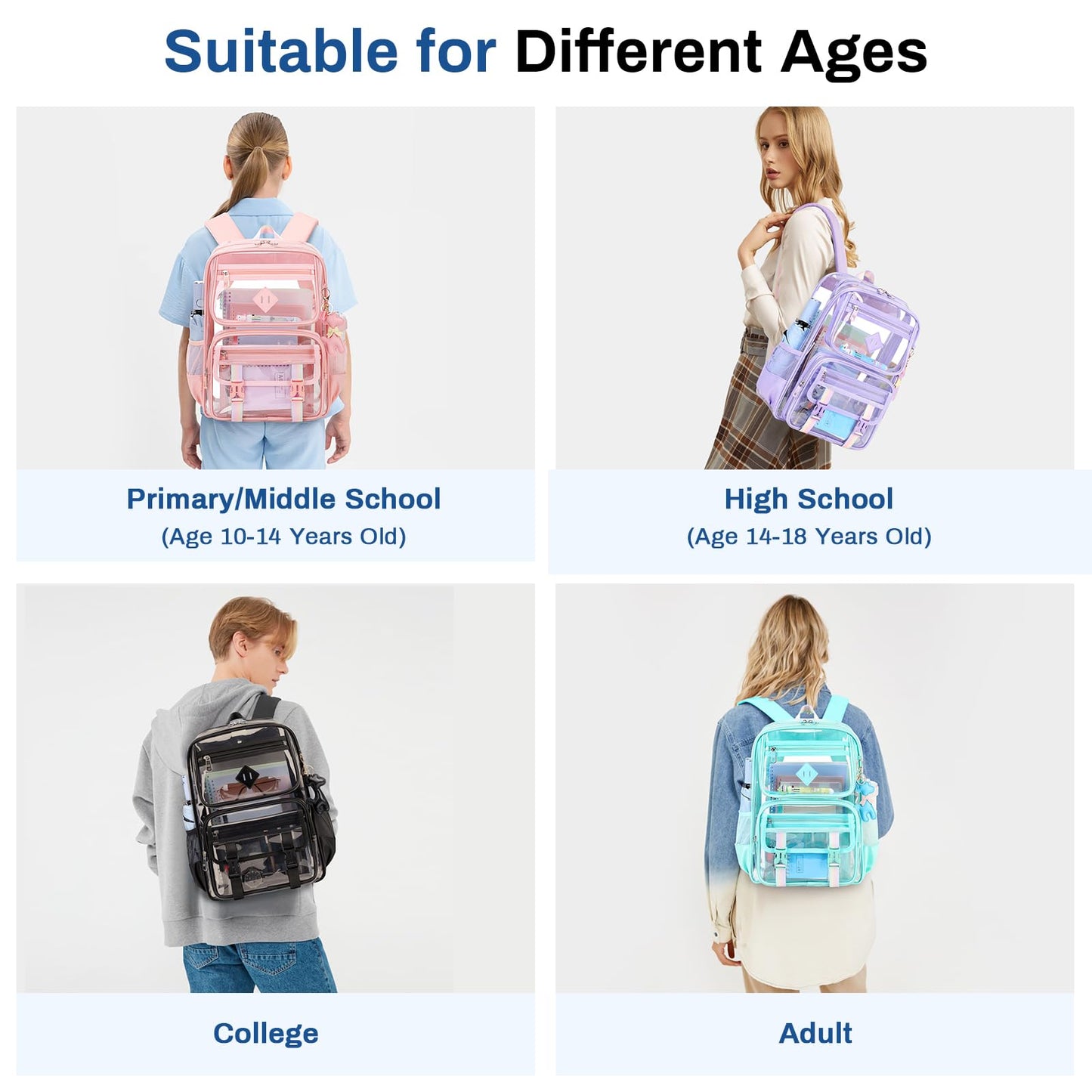 Clear Backpack for School, PVC Clear Bookbag Heavy Duty Transparent Backpack for Stadium Events Multiple Pockets See Through Bag for Teens Students Women Men with Leather Pendant, Semi Black