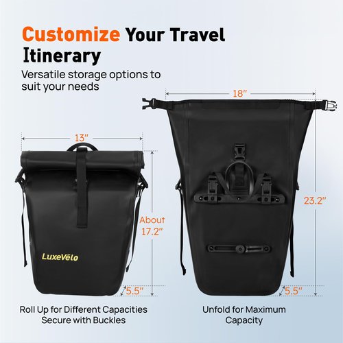 LUXECYCLES Bike Pannier Bag 27L Waterproof Bicycle Rear Rack Bag, Large Capacity Expandable Cargo Rack Bag with Reflective Strips, Adjustable Buckles for Cycling Traveling Commuting