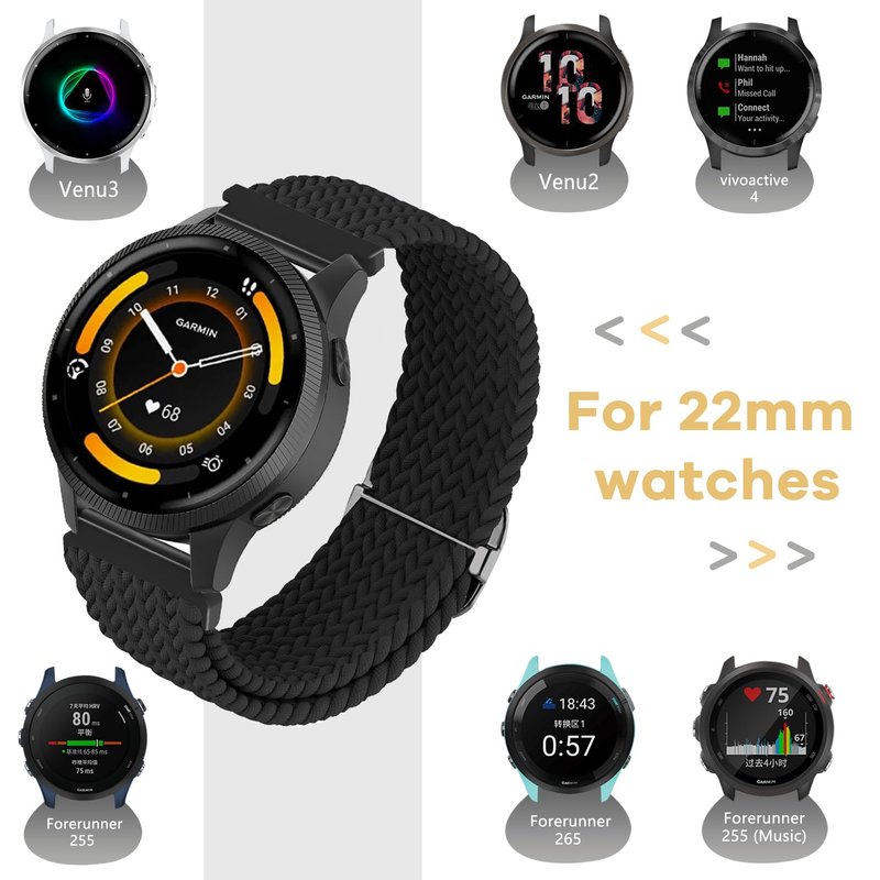 Sunnyson 2 Pack Braided Elastic Band Compatible with Garmin Venu 2/Garmin Venu 3/ Garmin Vivoactive 4,22mm Adjustable Watch Band Nylon Woven Replacement Straps Wristband for Women Men
