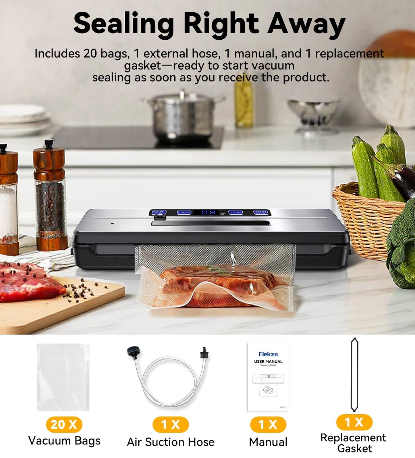 Flekzo Vacuum Sealer Machine for Food - Fast-Compact, Multi-Functional, Continuous Vacuuming, with External Vacuum System - For Meal Prep, Meat, Bulk Storage, Sliver Black