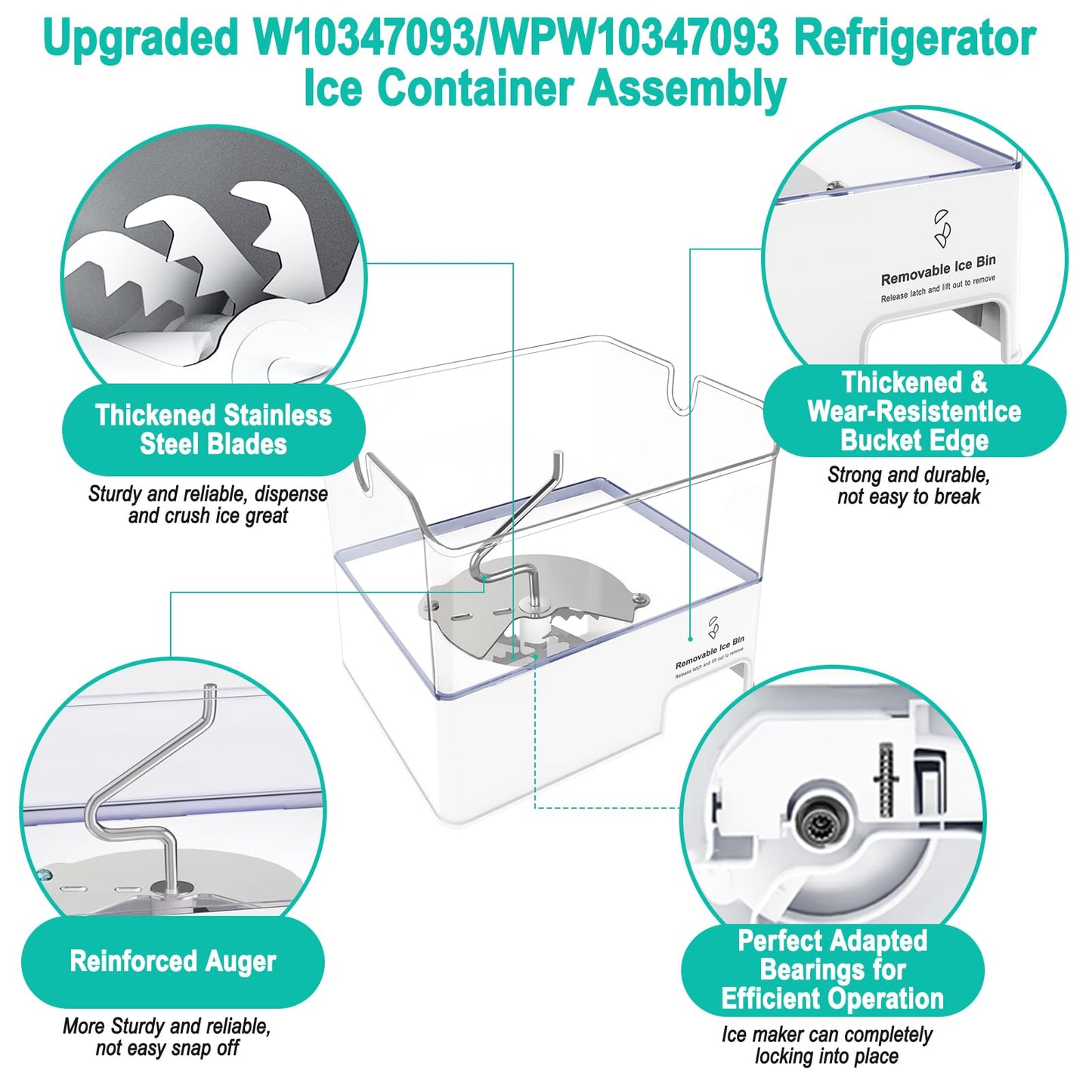 Upgraded W10347093 Removable Ice Bin Replacement for Whirlpool Refrigerator Ice Maker Parts WPW10347093 Ice Bucket fit WRF736SDAM13, WRF736SDAM14, Replace W10347100, AP6020018 Ice Container Assembly
