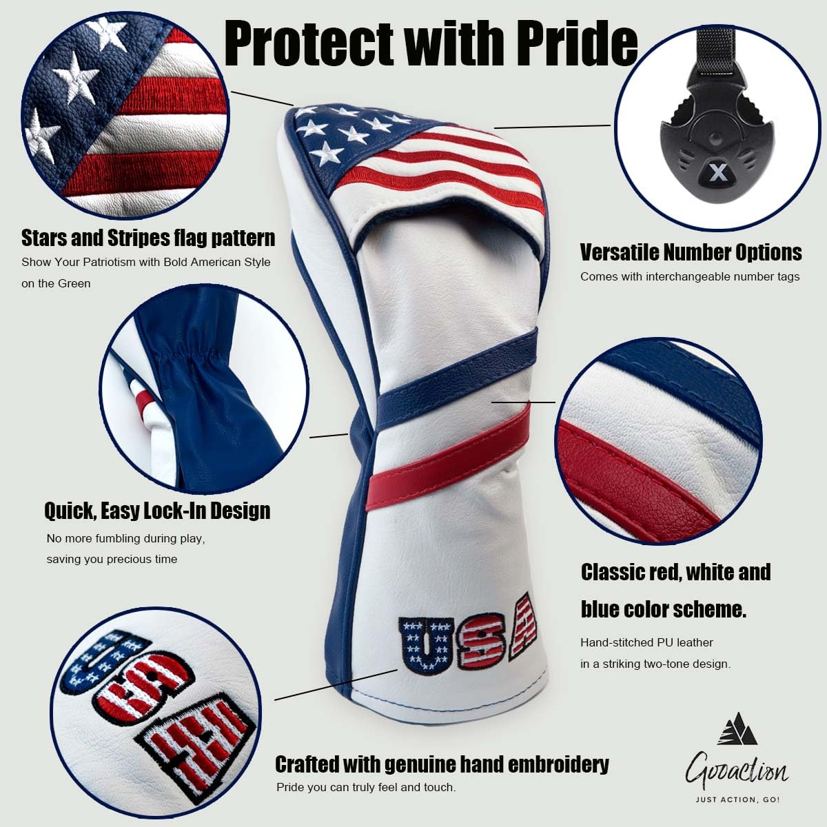 GOOACTION USA Golf Club 3 5 Fairway Wood Headcover American Stars and Stripes Flag Synthetic Leather Patriotic Head Covers Protector