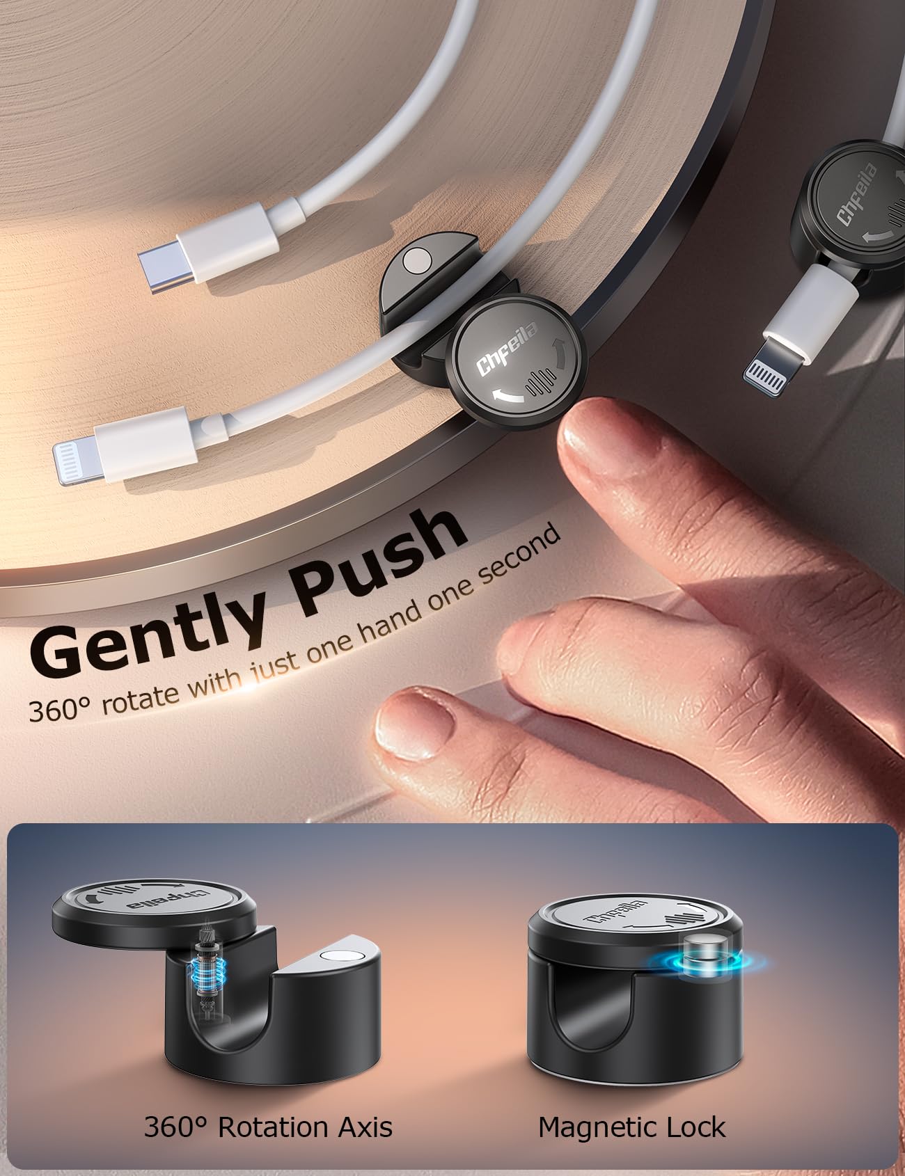 9 Pack Cord Organizer, Chfeila [360°Rotating Twist-Lock] Magnetic Cable Management Clips, Adhesive Phone Charging Keeper Wire Cord Holder for Nightstand/Car/Wall, Office Desk Accessories Decor (Black)