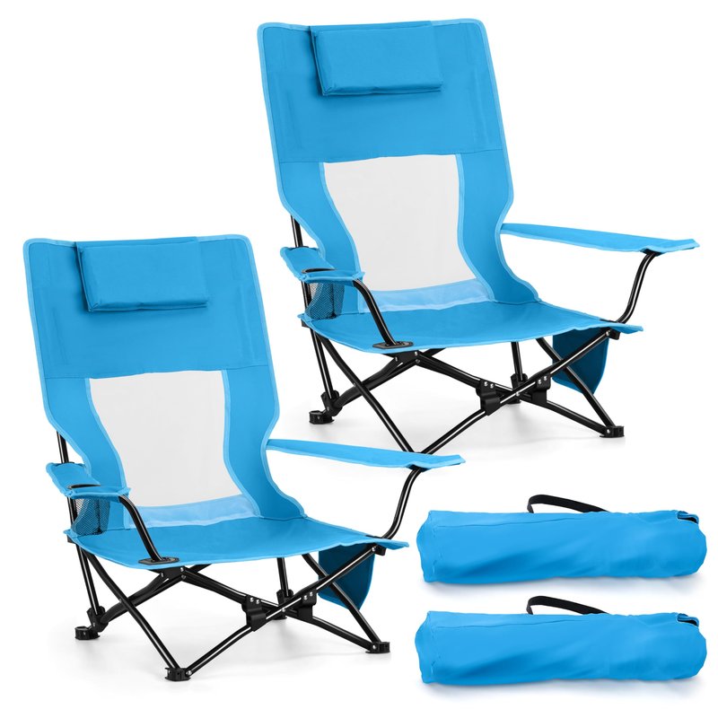 Joyfair 2 Pack Beach Chair Camping Chairs Set(High Back), Heavy Duty Folding Low Lawn Camp Chair for Adults for Outdoor Sport Fishing, Armrest Chair with Portable Bag, Pillow, Cup Holder (Blue)