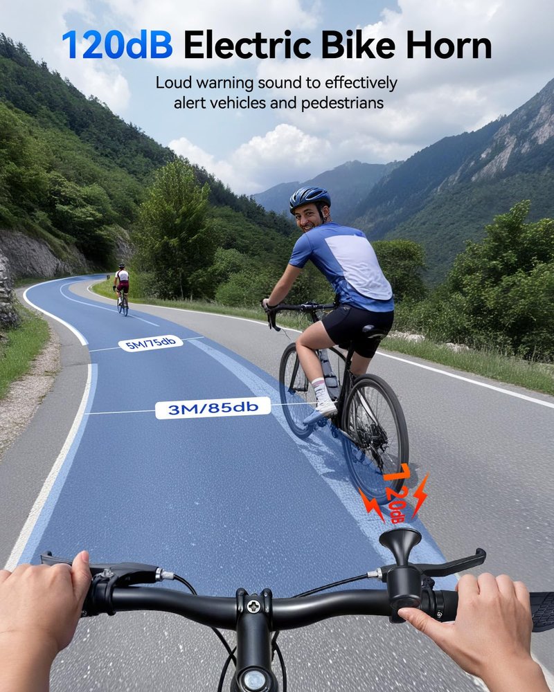 POWVINE Electric Bike Horn 120dB Loud Bike Horn for 22.2-25.5mm Round Handlebars, USB Rechargeable Bicycle Horn, IP65 Waterproof, Easy Install for Mountain Bike/E-Bike/Scooter/Adults