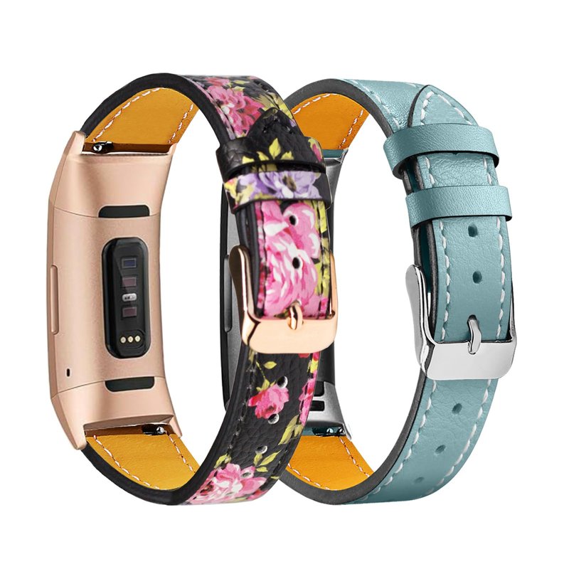 Mtozon Leather Bands Compatible with Fitbit Charge 4/Charge 3, Replacement Accessories Slim Wristband Straps for Women, Blue+ Floral